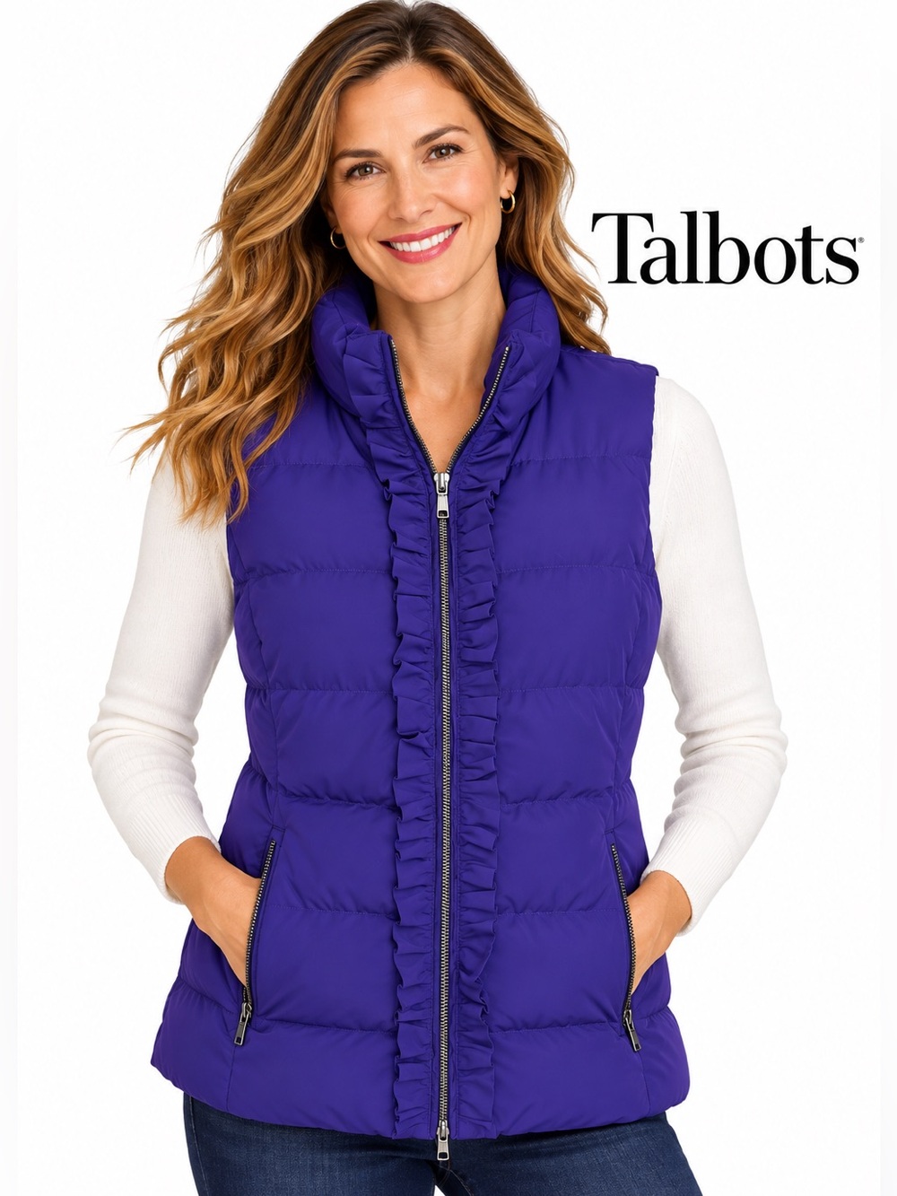 Talbots Purple Down Puffer Vest Ruffle Trim Zip Front Women’s Medium